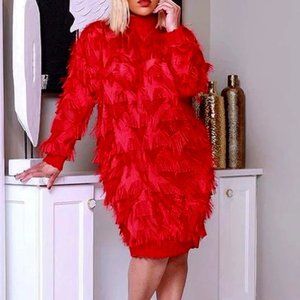 Fringe Feathered Lavish Red Dress